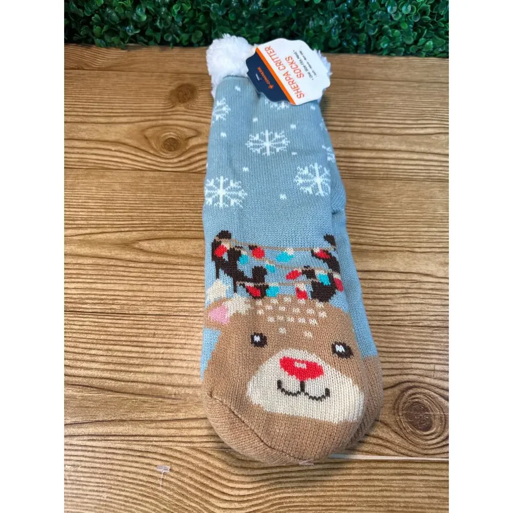 New Sherpa Lined Non-Slip Slipper Socks Reindeer Christmas Slippers One Size
